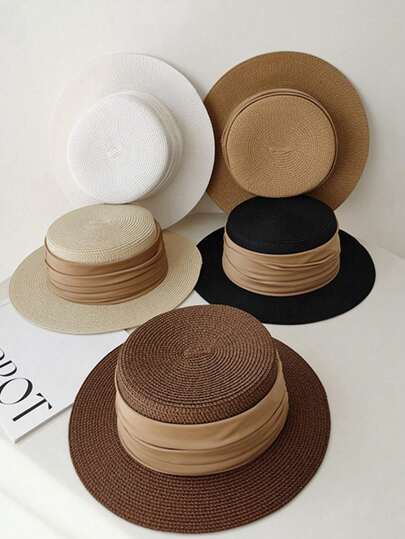 1 pieza Sombrero de paja de moda para mujer, sombrero plano francés de paja para protección solar en verano, circunferencia de la cabeza pequeña, casual, sombrero de ala ancha para el sol, adecuado para playa, vacaciones, viajes, regalo