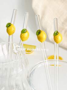 1/2/4 pièces Pailles en verre réutilisables transparentes incurvées avec tranches de citron jaune de dessin animé, brosse de nettoyage et embout de paille pour thé au lait, soda, eau pétillante, smoothies, maison, café, fête d'été, Pâques, fête des pères, cadeau pour amis et amoureux - Style 3 - Voir 5