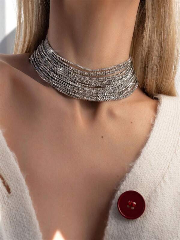 Silver Plated Multi-Layer Rhinestone Necklace, Minimalist & Practical