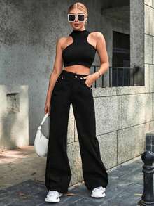 IDYLLIC Pantalones Anchos Elegantes para Mujer, 100% Poliéster de Color Sólido con Cintura Fruncida, Temporada de Primavera/Otoño, Tejido de Seda, Pantalones Casuales de Ajuste Holgado para Adultos - Negro - Ver 4