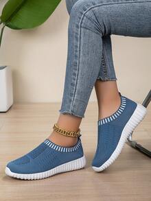女士透气针织运动鞋休闲系带户外鞋轻便纯色鞋个性化舒适简约 EVA 女鞋 - 寶藍色 - 查看 7