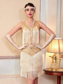 1920s Sleeveless Fringe Dress, Round Neck, Flapper Style, Sequin Fringe, Roaring Twenties Cocktail Party Dress Wedding - Apricot - View 9