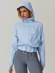 MASKERT Women's Lightweight Breathable Quick-Dry Sun Protection Jacket, Short Waist-Cinched Jacket - Baby Blue - View 4