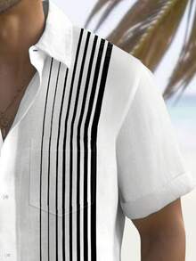 Plus Size Men's Casual Coconut Tree Striped 3D Digital Print Button Pocket Short Sleeve Shirt - White - View 4