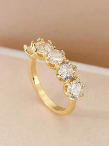 1pc Fashion 5-Stone Cubic Zirconia Round Decor Copper Ring,Suitable For Daily Wear, Wedding, Engagement,Valentine's Gift For Women - Gold - View 1