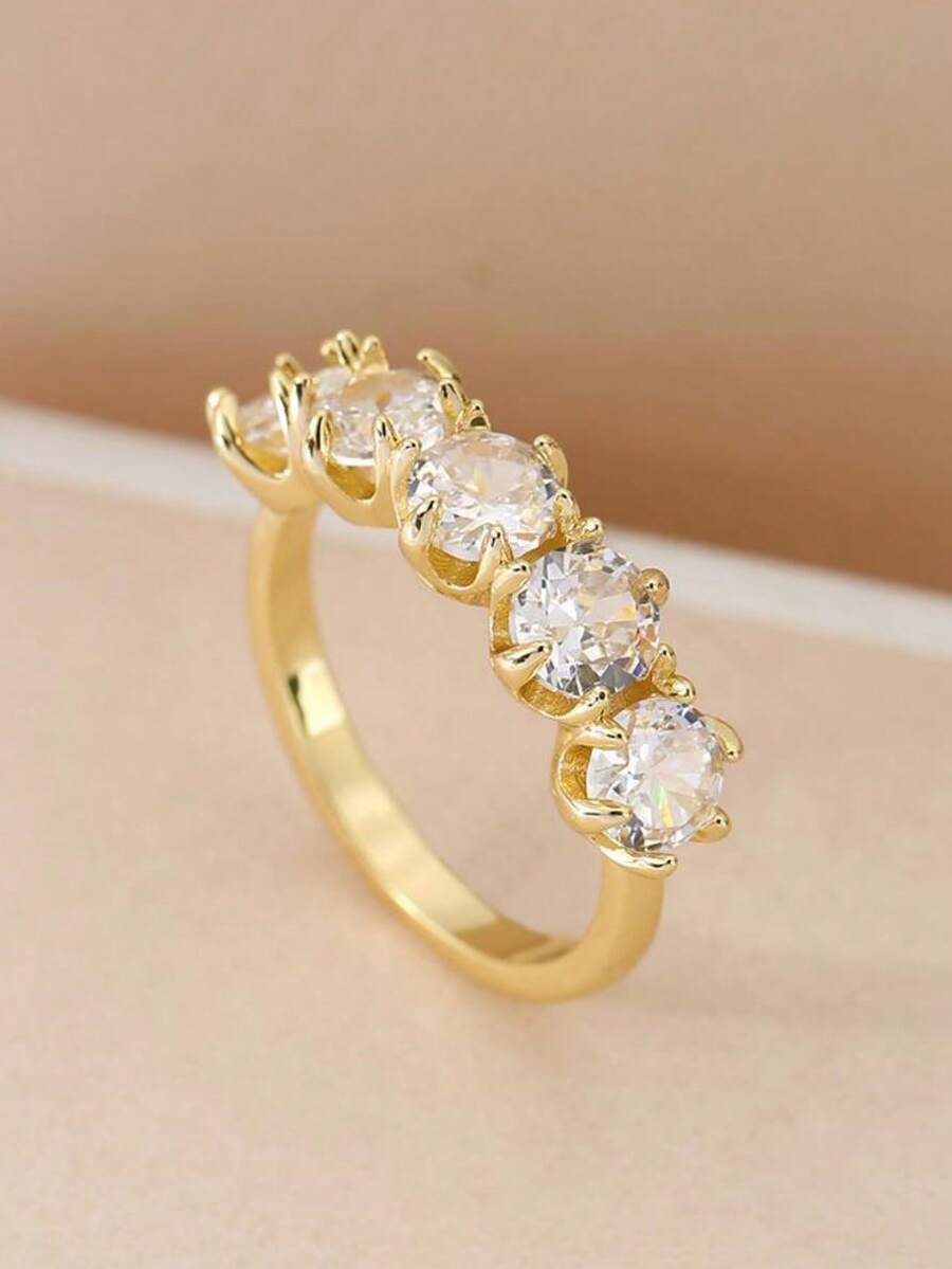 1pc Fashion 5-Stone Cubic Zirconia Round Decor Copper Ring,Suitable For Daily Wear, Wedding, Engagement,Valentine's Gift For Women - Gold - View 1