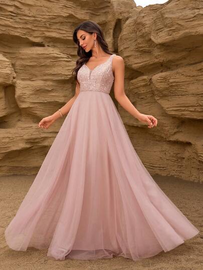 Women's Sleeveless Sequin Mesh A-Line Elegant Cocktail Dress, Bridesmaid Dress, Wedding Guest Dress, Graduation Dress, Evening Gown, Carnival Costume