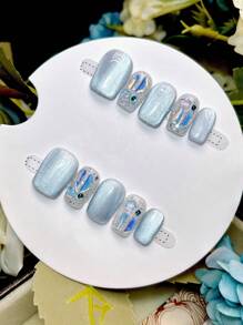 10PCS Blue Press On Nails, CoffinNails, Short Nails, Summer Nails, Cute Cat Eating Fish High-End Hand-Painted Nails, Nail Supplies ,Home DIY Nail Design Full Coverage Fake Nail Tips Artificial Fingernails For Women And Girls Manicure Supplies Office Daily Wear False Nails Purely Hand-Made Nails