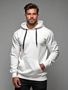 Blusa de Frio Liso Moletom Canguru Masculino e Feminino em Algodão Flanelado Bolso Frontal Com Capuz Ajustável GuGi - Branco - Visão 2