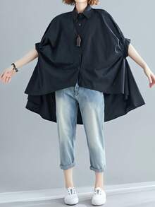 优雅半袖蝙蝠袖女式衬衫，前短后长下摆，纽扣前襟 - 黑色 - 查看 4