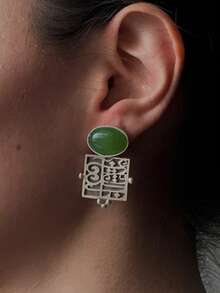 2 件复古宝石耳环，复古几何雕刻仿石榴石金属仿古银耳环耳钉，适合女士，搭配日常服装和派对配饰 - 復古銀色 - 查看 5