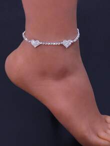 1pc Solid Heart Shape Rhinestone Anklet, Sexy All-Match Sparkling Beach Jewelry Accessory, Summer - Silver - View 1