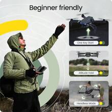 El dron está equipado con cámaras duales de alta definición, diseño plegable, posicionamiento de flujo óptico, dron de fotografía aérea de nivel de entrada, uso en exteriores, fácil de volar, regalo de vacaciones perfecto, dron adecuado para principiantes.