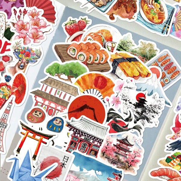 Set de 64 pegatinas de viaje de acuarela de Japón - Pegatinas reutilizables para botellas de agua, portátiles, patinetas, juego de bocetos estéticos vibrantes para diarios, scrapbooking, suministros para fiestas, genial para invierno y año nuevo, útiles escolares, regreso a clases