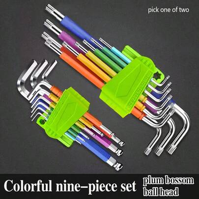9pcs Colorful Ball Head/Flower-Shaped Hex Wrench Set, L-Shaped Hex Wrench Kit, Wear-Resistant, Anti-Aging, Anti-Slip, Anti-Rust, Short/Long Ball Head/Flower-Shaped, For Home Improvement, Machinery, Equipment, Automotive Repair,Tools For Men