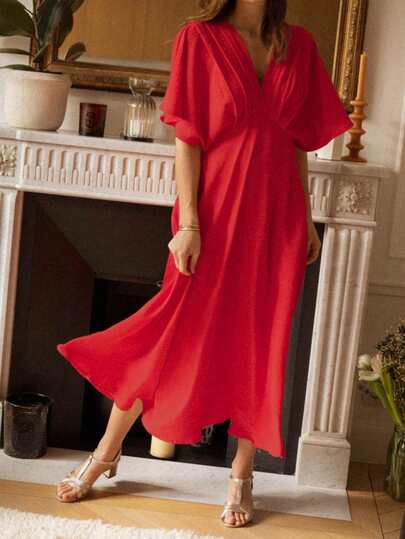 V-Neck Pleated Bust Design, Elastic Waist, Long Dress, With Shoulder Sleeves, Solid Color, Suitable For Holiday, Party, Wedding, Home, And Business, Spring/Summer New Arrival Elegant