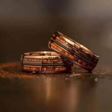 Coffee Color Rose Golden Ring Guitar String Stainless Steel Ring Inlaid Whiskey Barrel Wood Grain Ring For Men Engagement