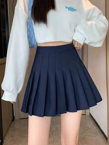 Chân váy mini xếp ly cạp cao màu trơn dáng chữ A cho nữ, thích hợp cho mùa xuân. - Màu xanh hải quân - Xem 4