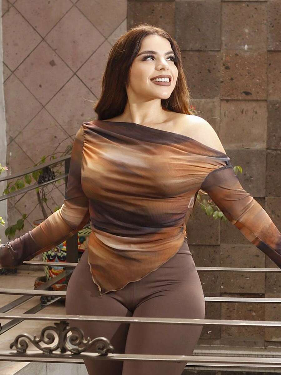 Lupita Cardoza Women's Asymmetric Neck Tie Dye Print Long Sleeve Fitted Fashion T-Shirt - Multicolor - View 1