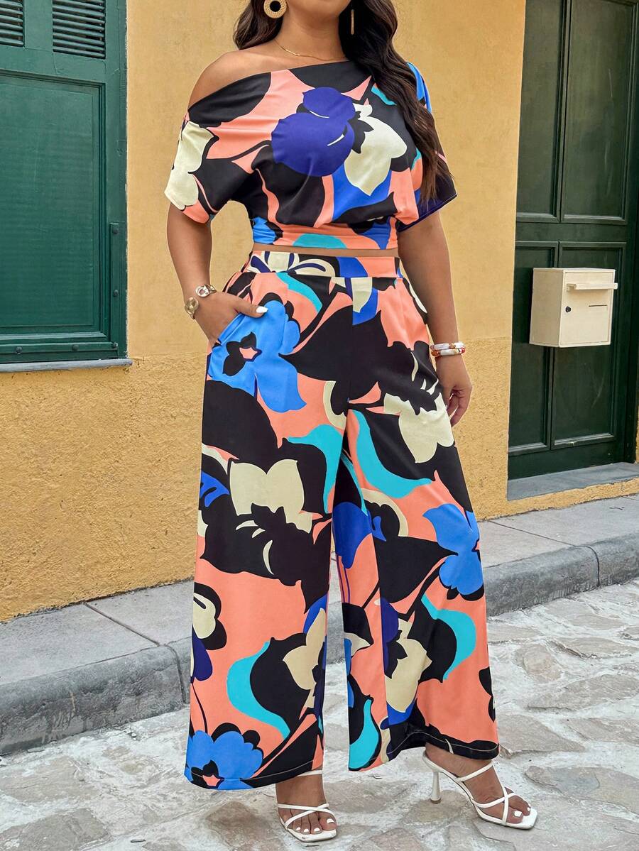 JANE'S Plus Size Floral Print 2pcs Set Top And Pants (Pattern Is Random) - Multicolor - View 1