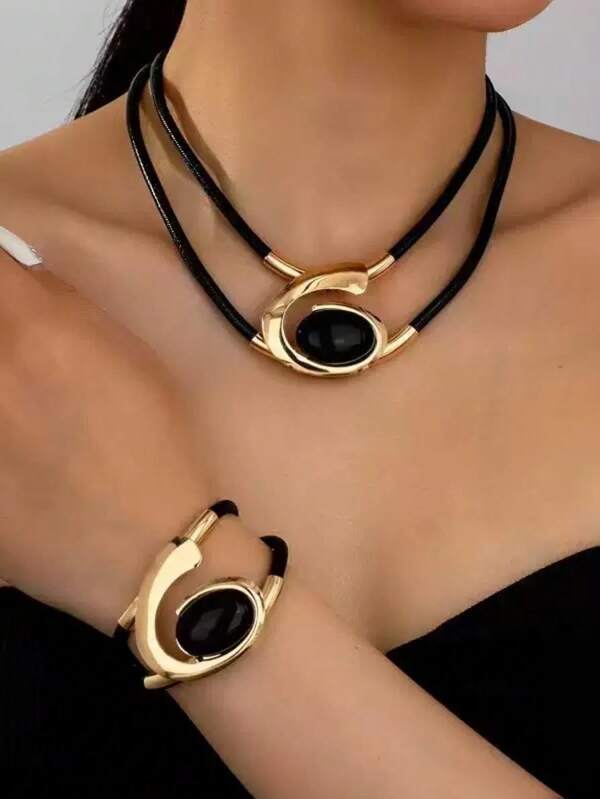 2pcs Bohemian Black Gemstone Necklace And Bracelet Set For Women