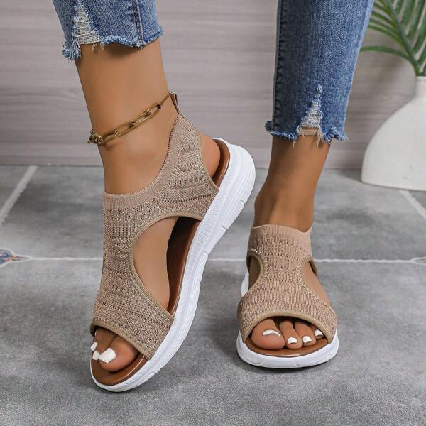 Sandalias con punta abierta y suela gruesa para talla grande, zapatillas deportivas de playa transpirables de malla de punto con diseño slip-on