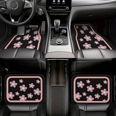 4pcs Car Floor Mats, Cute Pink Floral Design, Durable Polyester Material, Easy To Clean, Front And Rear Mats, For Full Car Interior Protection, Automotive Interior Accessories,Car Women Accessories