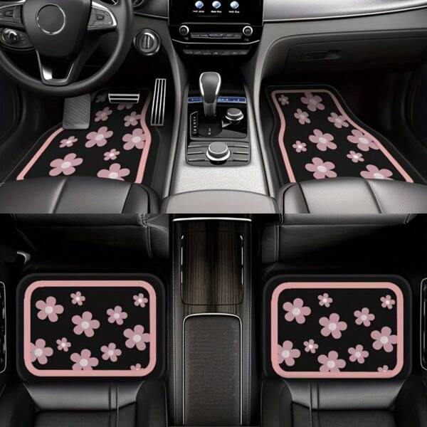 4 piezas de alfombrillas de coche, diseño de flores rosas lindas, material de poliéster duradero, fáciles de limpiar, alfombrillas delanteras y traseras, para protección total del interior del automóvil, accesorios interiores automotrices