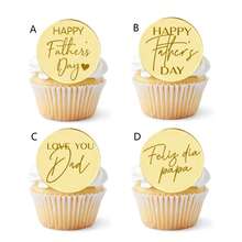 5 piezas/10 piezas/20 piezas Toppers redondos dorados "Feliz Día del Padre"/"Amo a Papá"/"Papá" para decorar cupcakes, adecuados para la fiesta de cumpleaños del Día del Padre y decoración de pasteles - Dorado - Ver 1