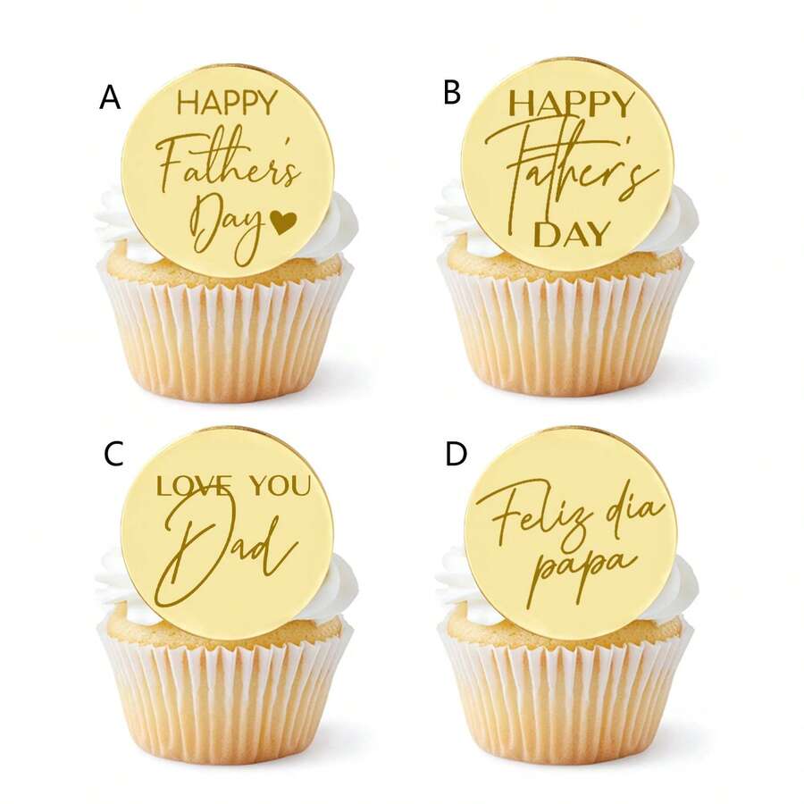5 piezas/10 piezas/20 piezas Toppers redondos dorados "Feliz Día del Padre"/"Amo a Papá"/"Papá" para decorar cupcakes, adecuados para la fiesta de cumpleaños del Día del Padre y decoración de pasteles - Dorado - Ver 1