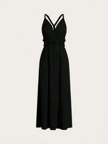 Women Casual Vacation Sexy Solid Color Halter Backless Cinched Waist Dress