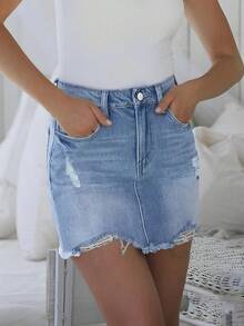 女式时尚休闲做旧磨边牛仔裙，夏季