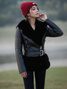 女士羊毛豌豆大衣人造毛皮夹克冬季保暖派克大衣配腰带