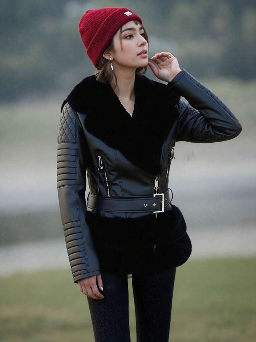 女士羊毛豌豆大衣人造毛皮夹克冬季保暖派克大衣配腰带