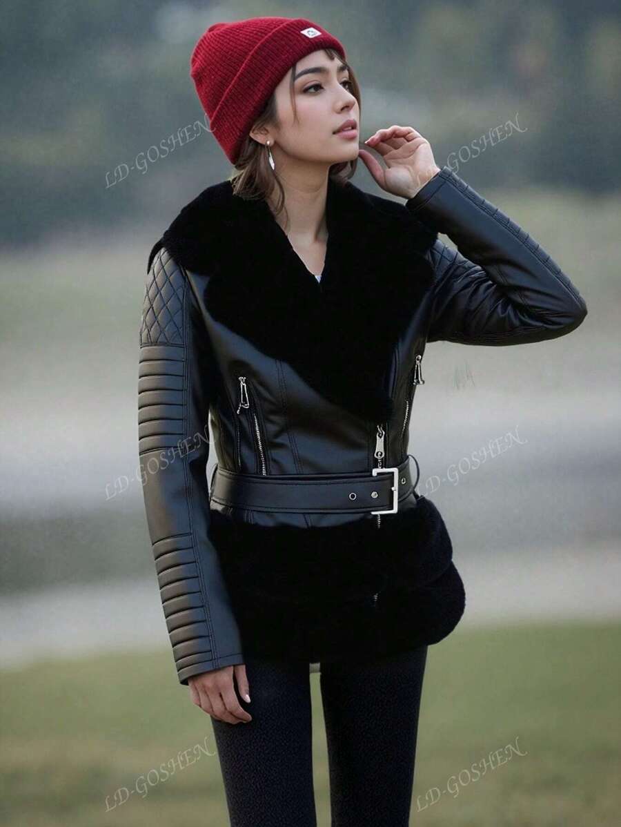 Cappotto di lana da donna, giubbotto di pelliccia finta, parka invernale caldo con cintura