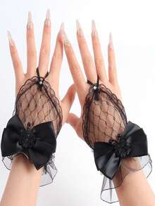 1pc Short Lolita Mesh Bridal Fingerless Gloves, Black Lace Ruffle Bow Design - Multicolor - View 10