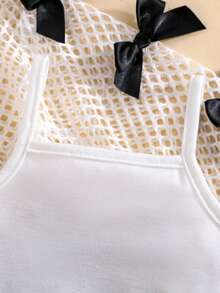 3Pcs/Set Girl Outfit: Delicate Bow Mesh Shirt, Suspender Top And Pleated Skirt, Fashion Elegant Baby Girl Clothing - White - View 6