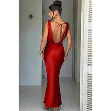 OYS Women's Satin Elegant Sleeveless High Neck Tie Cocktail Party Maxi Dress Fabric Formal - 藍色 - 查看 9