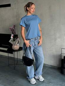 Playera basica dama mujer manga corta cuello redondo fresca ligera - Azul - Ver 3