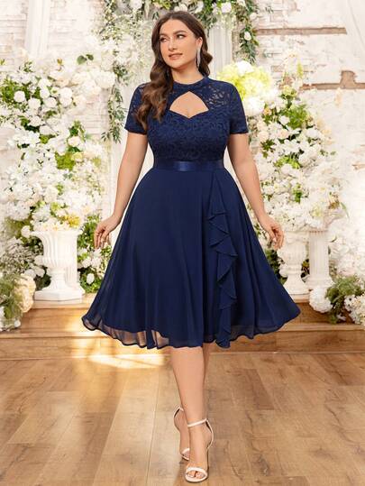 Plus Elegant Floral Lace Mock Keyhole Neck Contrast Chiffon Ruffle Hem Prom Cocktail Party Swing Dress, Wedding Guest Dress, For Birthday, Graduation, Dinner Date