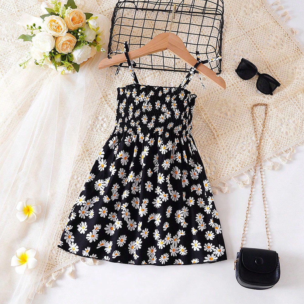 Vestido de playa con tirantes de amarre con estampado de margaritas para niñas pequeñas, vestido de princesa floral para bebés