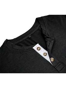 Polo casual de manga larga para hombre,Slim cuello redondo bolsillo decoración inferior camisa,Camiseta de moda diaria de color sólido,Camiseta transpirable,Adecuado para todas las estaciones - Negro - Ver 4