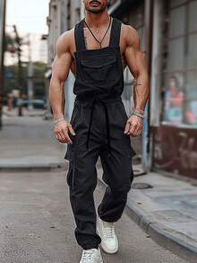 INCERUN Mens Summer Sleeveless Stappy Solid Rompers Long Jumpsuits Casual Cargo Pants Overalls - Black - View 3
