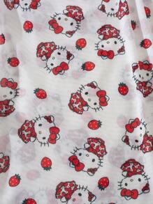 Sanrio 1 pieza Pijama sexy con estampado digital de Hello Kitty con fresas, con cuello en V, encaje de contraste, abertura lateral, ribete de lechuga, malla transparente y espalda descubierta, para mujer, en colores rojo y blanco contrastantes