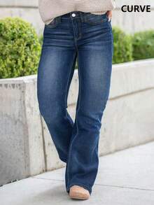 Plus Size Women's Stretchy Flare Jeans, Long Slim Leg, Versatile For Commuting, Summer - Rửa tối - Xem 4