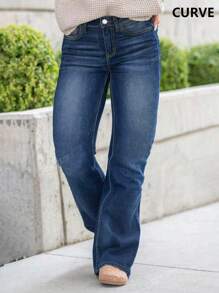 Plus Size Women's Stretchy Flare Jeans, Long Slim Leg, Versatile For Commuting, Summer