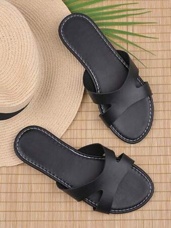 1 Pair Solid Color Fashion Holiday Boho Cute Beach Faux Leather Floral Decor Non-Slip Flat Women House Slippers, Soft Sole Casual Sandals For Summer Indoor/Outdoor
