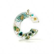1pc Resin Dried Flower Letter Pendant, Floral Leaf & Golden Sequin Design, For DIY Keychains, Bag Charms, Etc.
