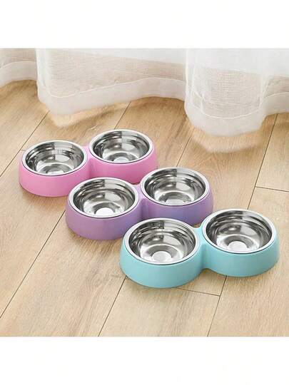1 件糖果色不锈钢双碗宠物碗，塑料猫碗适用于室内外猫狗喂食和饮水