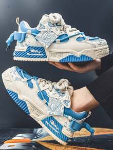 Zapatillas deportivas informales de moda para hombre,tenis para hombre,Suela gruesa antideslizante,transpirables y ligeros,Diseño exclusivo con graffiti urbano y acabados modernos,Perfectos para calle, trabajo y deporte, Colección limitada con detalles de malla y patrón colorido - Azul y blanco - Ver 6